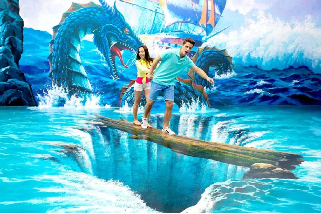 ourists walking on illusionary bridge inside Trickeye Museum Phuket