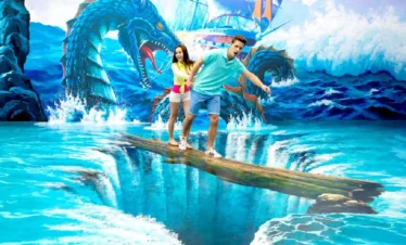 ourists walking on illusionary bridge inside Trickeye Museum Phuket