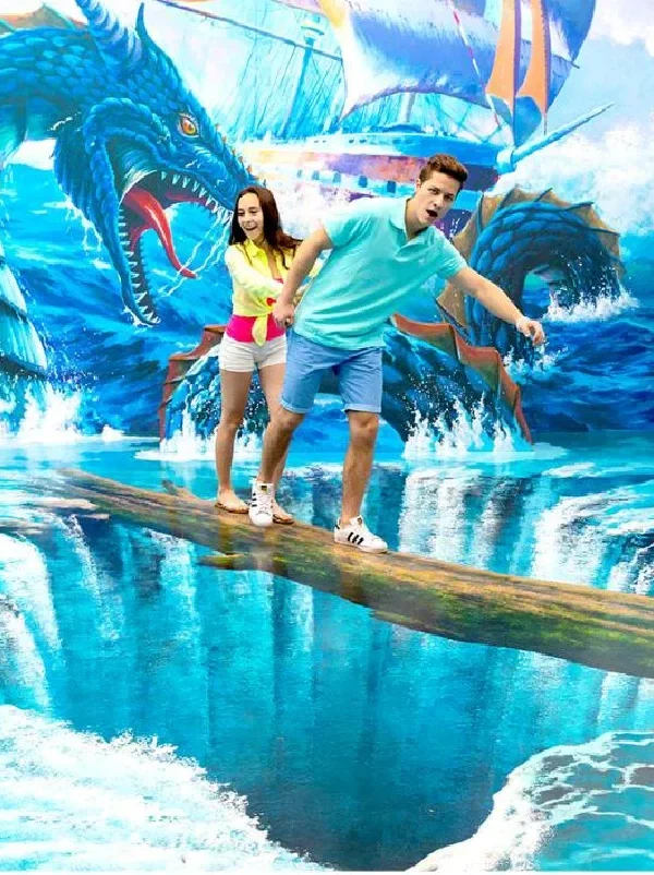 ourists walking on illusionary bridge inside Trickeye Museum Phuket