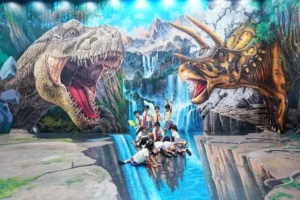 Tourist escaping from dinosaur 3D art at Trickeye Phuket