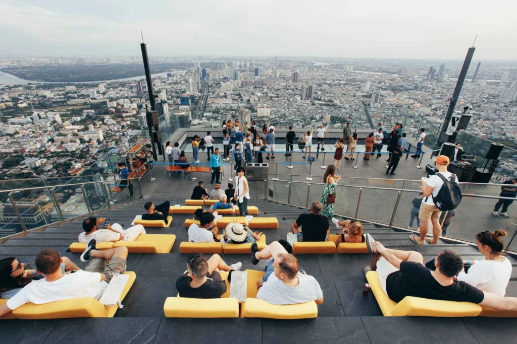 Panoramic daytime view of Bangkok city from Mahanakhon Skywalk observation deck