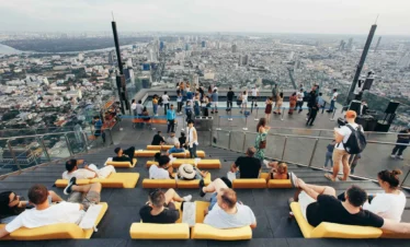 Panoramic daytime view of Bangkok city from Mahanakhon Skywalk observation deck