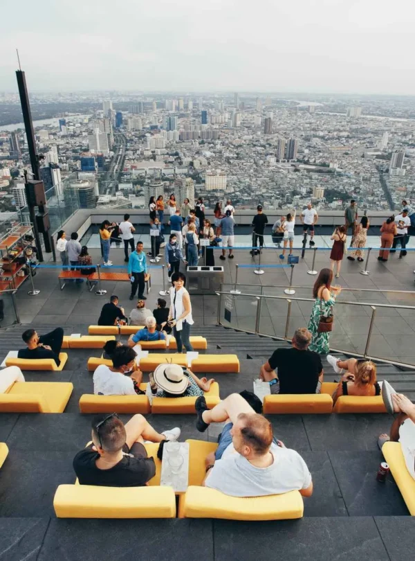 Panoramic daytime view of Bangkok city from Mahanakhon Skywalk observation deck