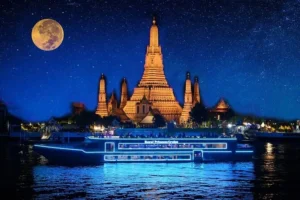 Royal Princess Cruise sailing on the Chao Phraya River during sunset in Bangkok