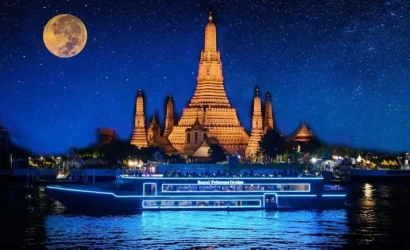 Royal Princess Cruise sailing on the Chao Phraya River during sunset in Bangkok