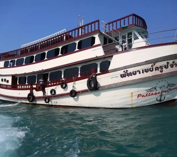 Dive boat leaving Bali Hai Pier Pattaya with tourists and dive gear onboard