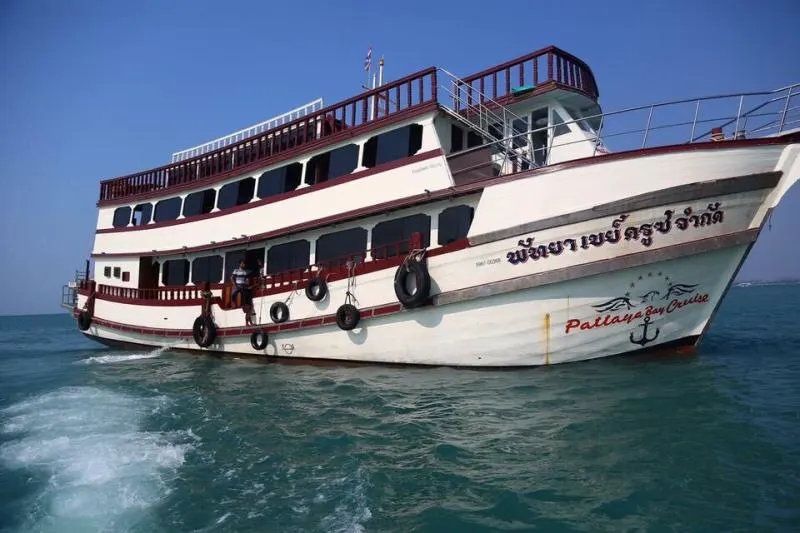 Dive boat leaving Bali Hai Pier Pattaya with tourists and dive gear onboard