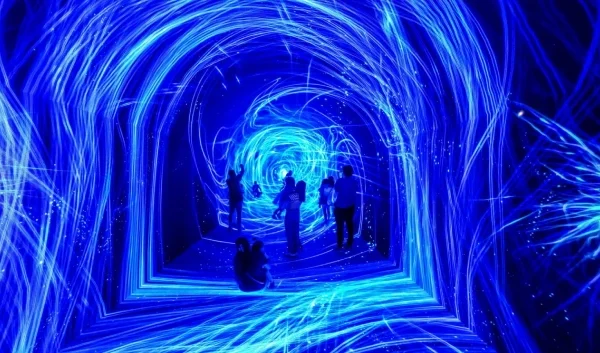 Immersive digital art hall at Space & Time Cube Bangkok with futuristic light installations