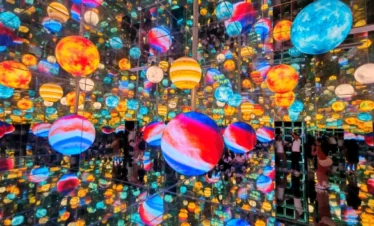 Interactive digital installation with colorful light projections at Space & Time Cube Bangkok