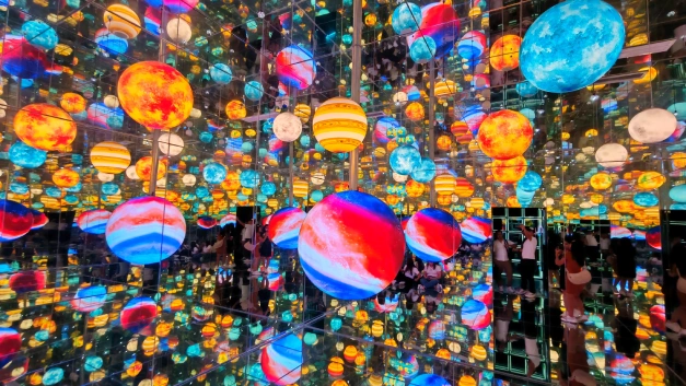 Interactive digital installation with colorful light projections at Space & Time Cube Bangkok