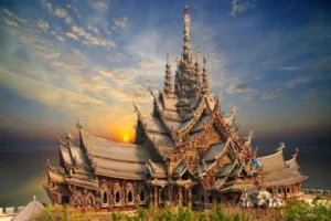 Sanctuary of Truth Pattaya wooden temple with intricate carvings by the sea
