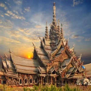 Sanctuary of Truth Pattaya wooden temple with intricate carvings by the sea