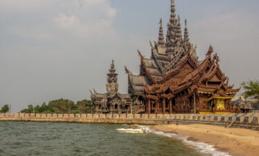 Sanctuary of Truth Pattaya temple view near the sea in Thailand