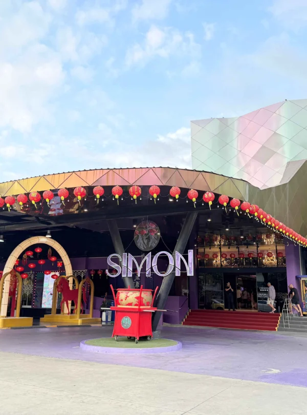 Evening view of the entrance to the Simon Cabaret Show theater in Phuket.