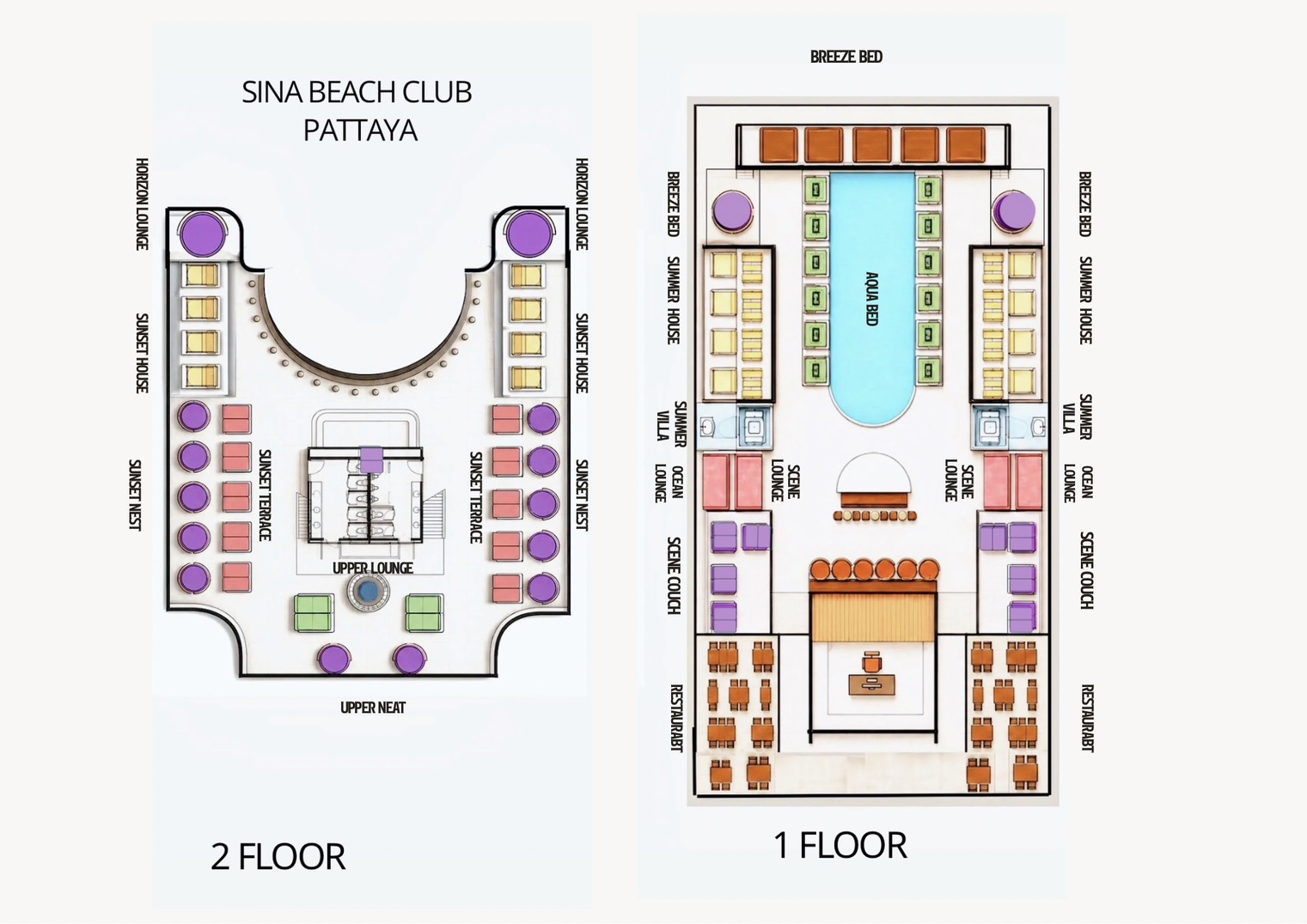 Detailed floor plan of Sina Beach Club Pattaya with lounge areas, pool, dining spaces, and guest facilities