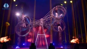 Phuket Circus acrobat performing aerial stunt on stage with lights and audience
