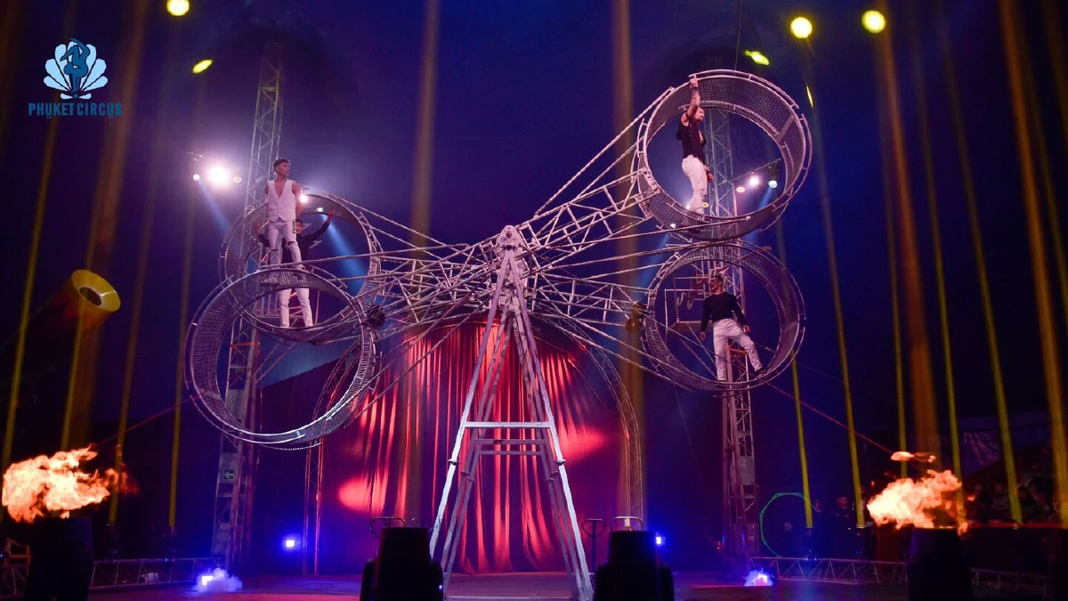 Phuket Circus acrobat performing aerial stunt on stage with lights and audience