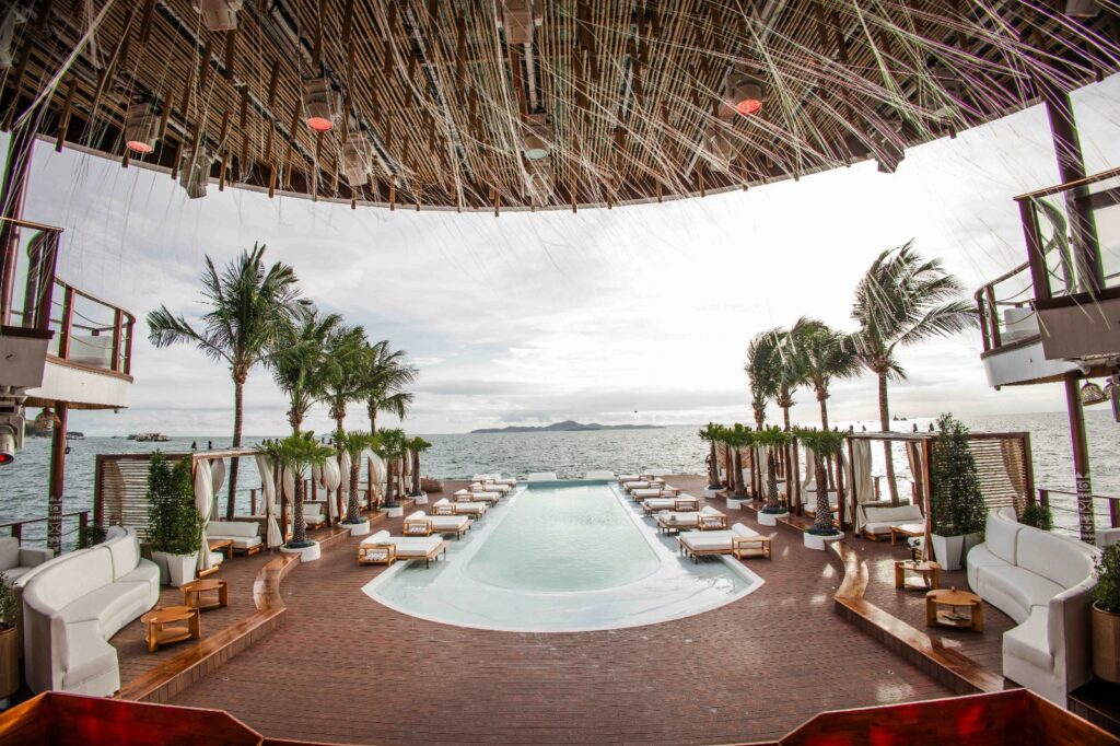 Stylish lounge seating and daybeds at Sina Beach Club Pattaya